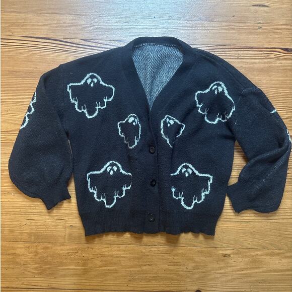 SHEIN Sweaters - Shein black ghost Halloween chunky knit cardigan sweater‎ SIZE 1XL